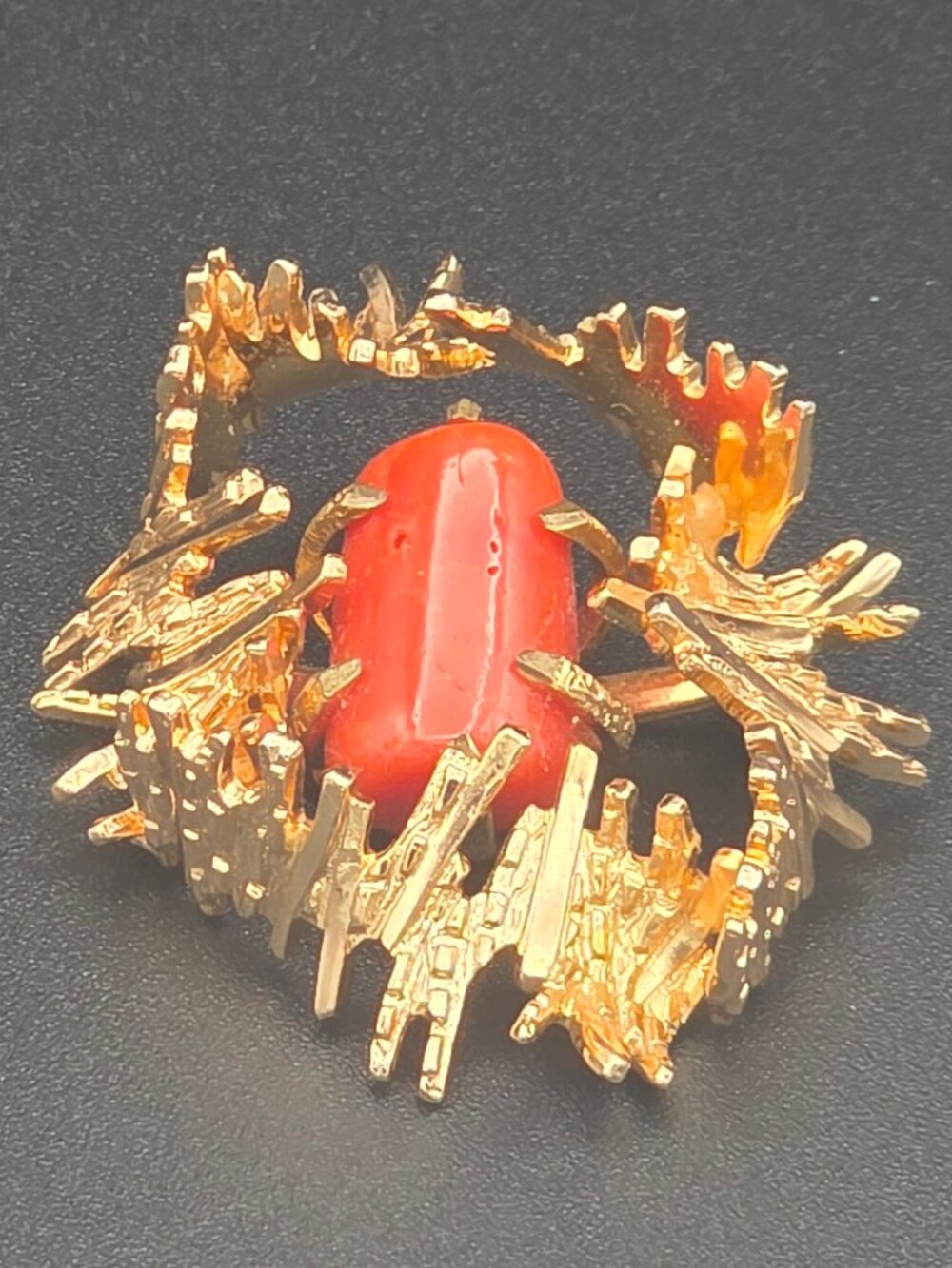 Vintage 1967 Grosse Germany Coral Gold Tone Brutalist Brooch Signed MCM Designer